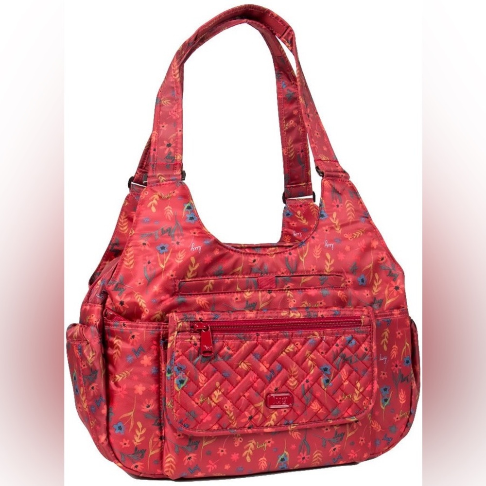 LUG Romper Carry All Shoulder Bag Red Floral Purse Pockets Like new